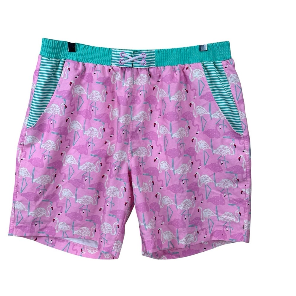 Matilda Jane Shorts Mens XL Pink‎ Teal Flamingo Swim Board Stripe Print Trunks